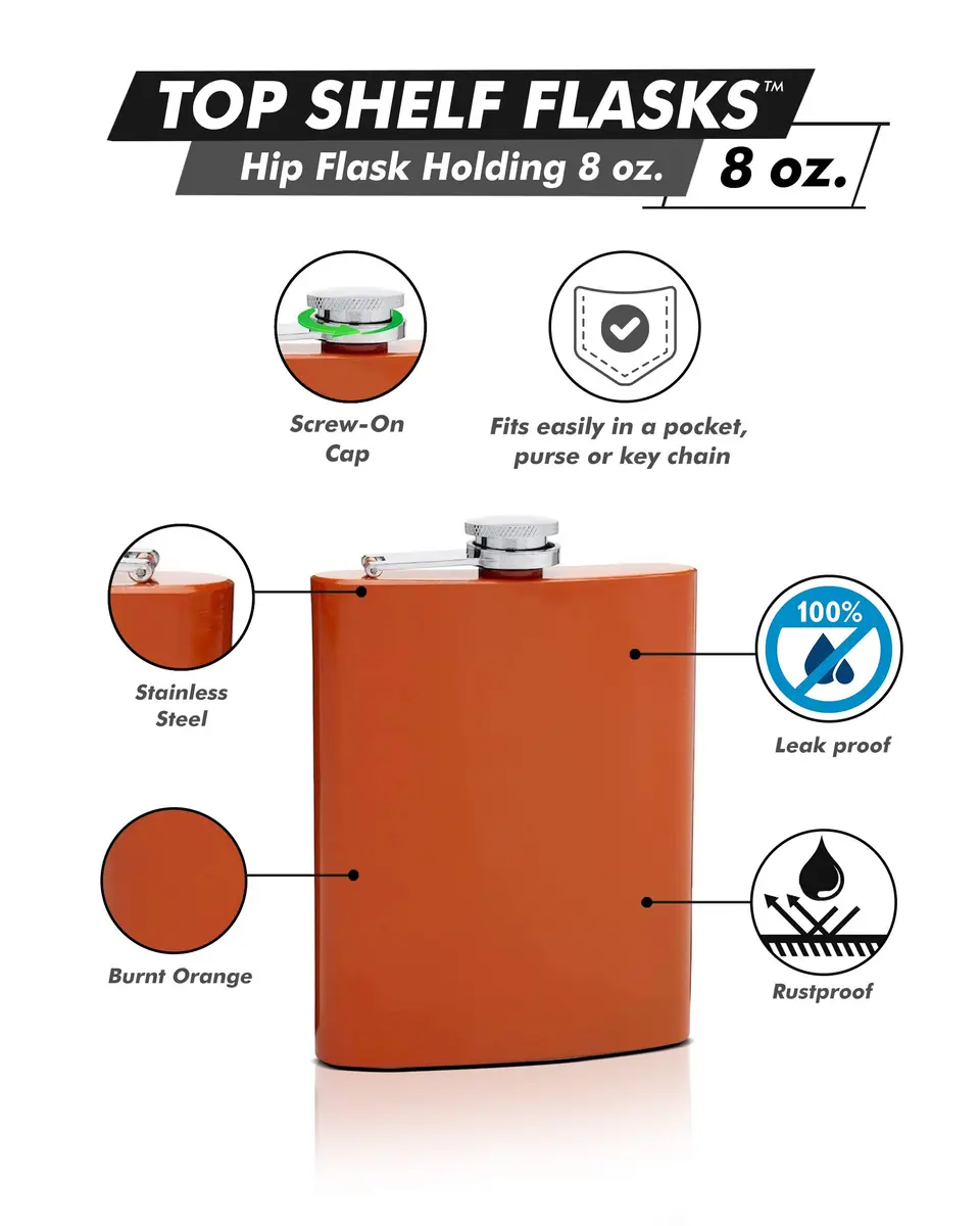 Top Shelf Flasks 8 oz Hip Flask with Leak Proof Cap | Burnt Orange Stainless Steel - view 2