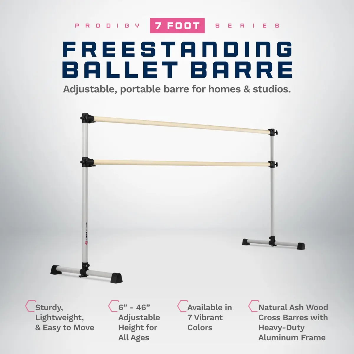 Vita Vibe Prodigy 7 Ft Satin Silver Freestanding Double Ballet Barre | Adjustable Height, USA Made for Kids & Adults - view 2