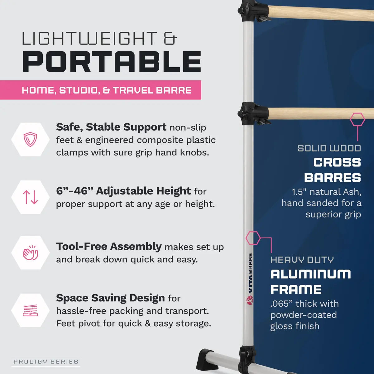 Vita Vibe Prodigy 7 Ft Satin Silver Freestanding Double Ballet Barre | Adjustable Height, USA Made for Kids & Adults - view 3