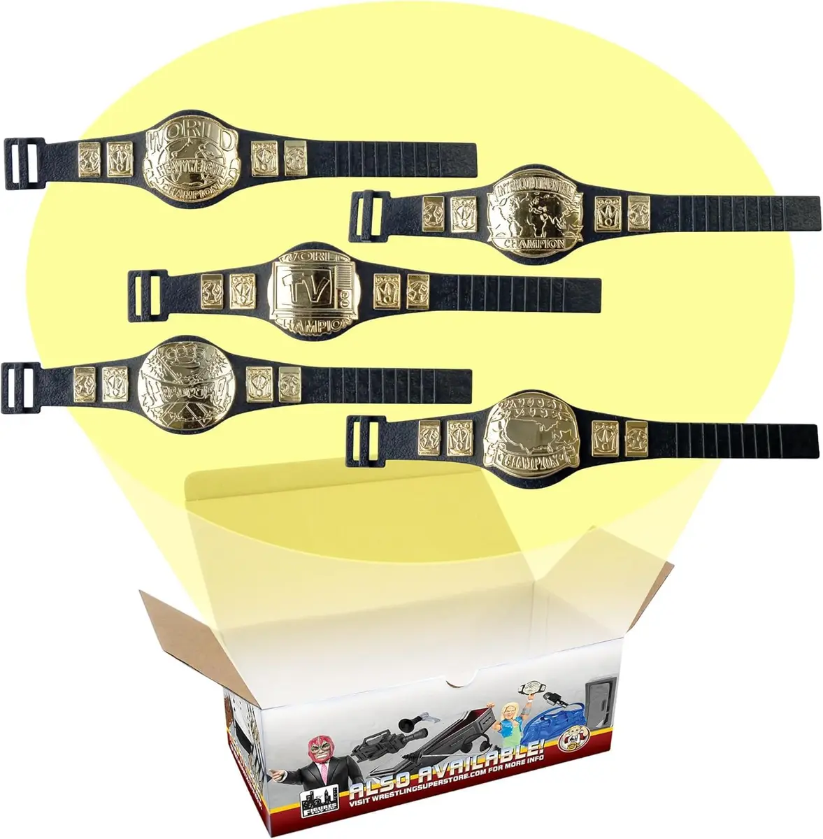 Figures Toy Company Set of 5 Wrestling Figure Championship Belts | Detailed Gold-Tone Mini Belts for Action Figures - main product image