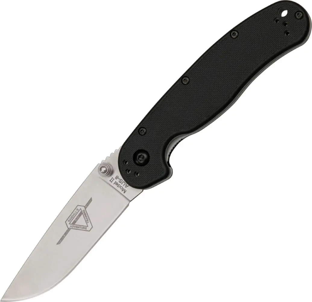 Ontario Knife Company Rat II, Satin AUS-8 Stainless Steel Drop-Point Blade Folding Pocket Knife, Black Nylon Handle Liner Lock Knife, Everyday Carry Knife – ON8860 - main product image