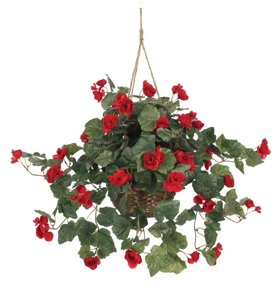 Nearly Natural Begonia Hanging Basket 24 In. H (61 cm) | Realistic Style Artificial Plant with Red Blooms - main product image