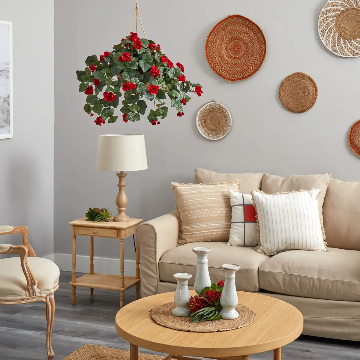 Nearly Natural Begonia Hanging Basket 24 In. H (61 cm) | Realistic Style Artificial Plant with Red Blooms - view 5