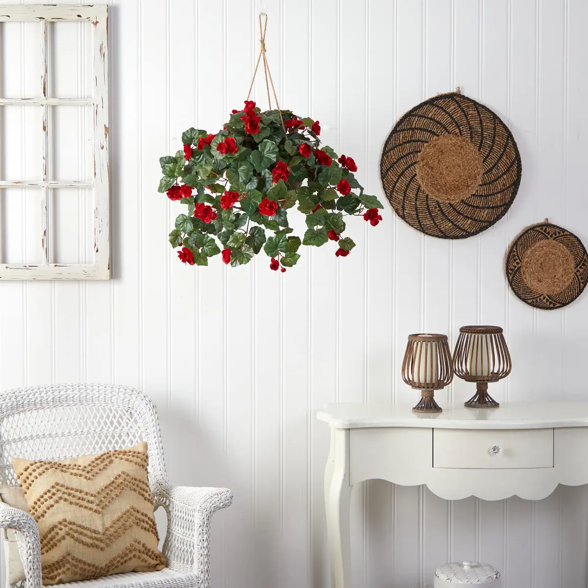 Nearly Natural Begonia Hanging Basket 24 In. H (61 cm) | Realistic Style Artificial Plant with Red Blooms - view 6
