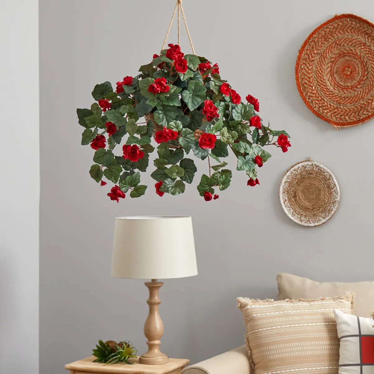 Nearly Natural Begonia Hanging Basket 24 In. H (61 cm) | Realistic Style Artificial Plant with Red Blooms - view 4