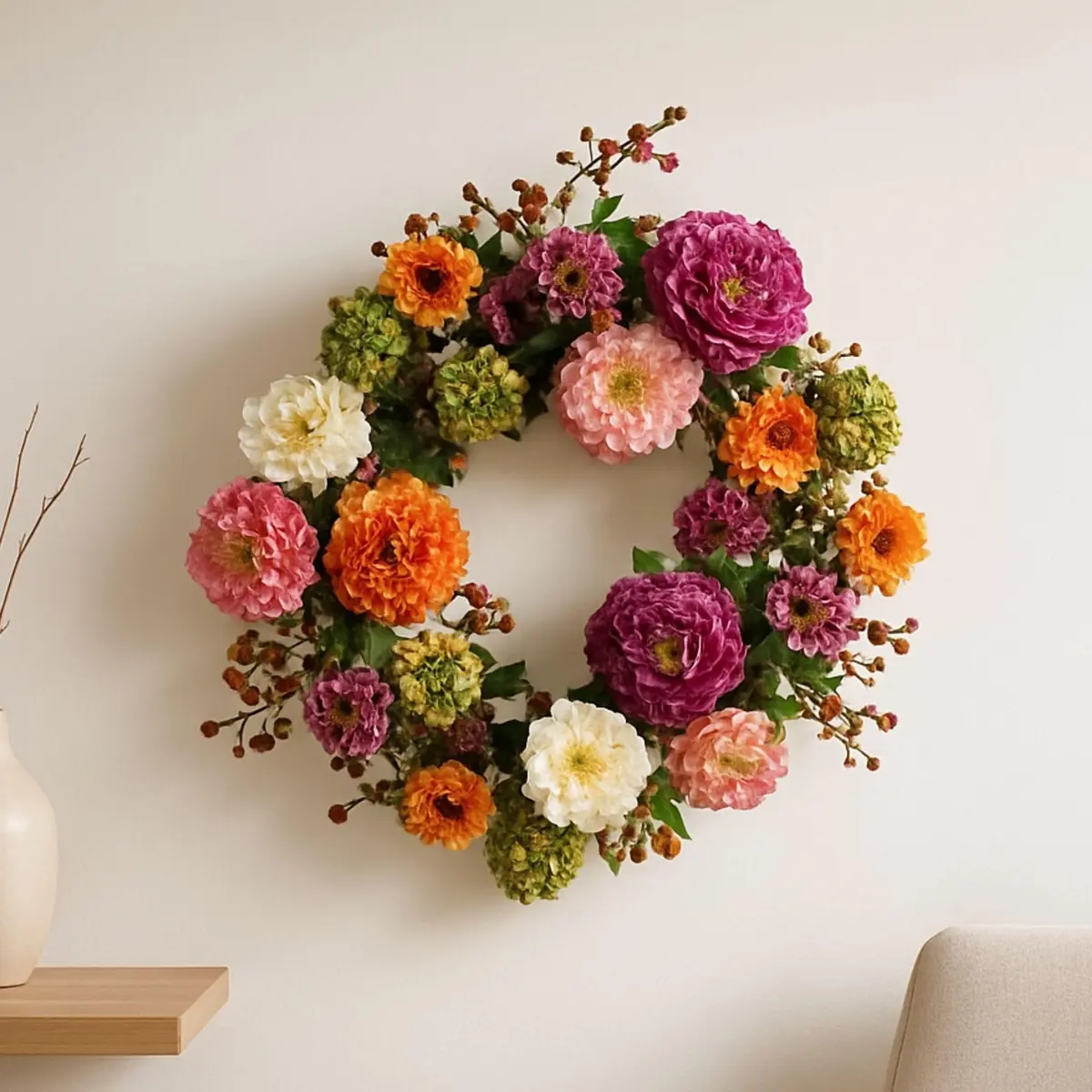 Nearly Natural 24 in Artificial Peony Wreath for Front Door Decor | Spring & Year-Round Elegance - view 2