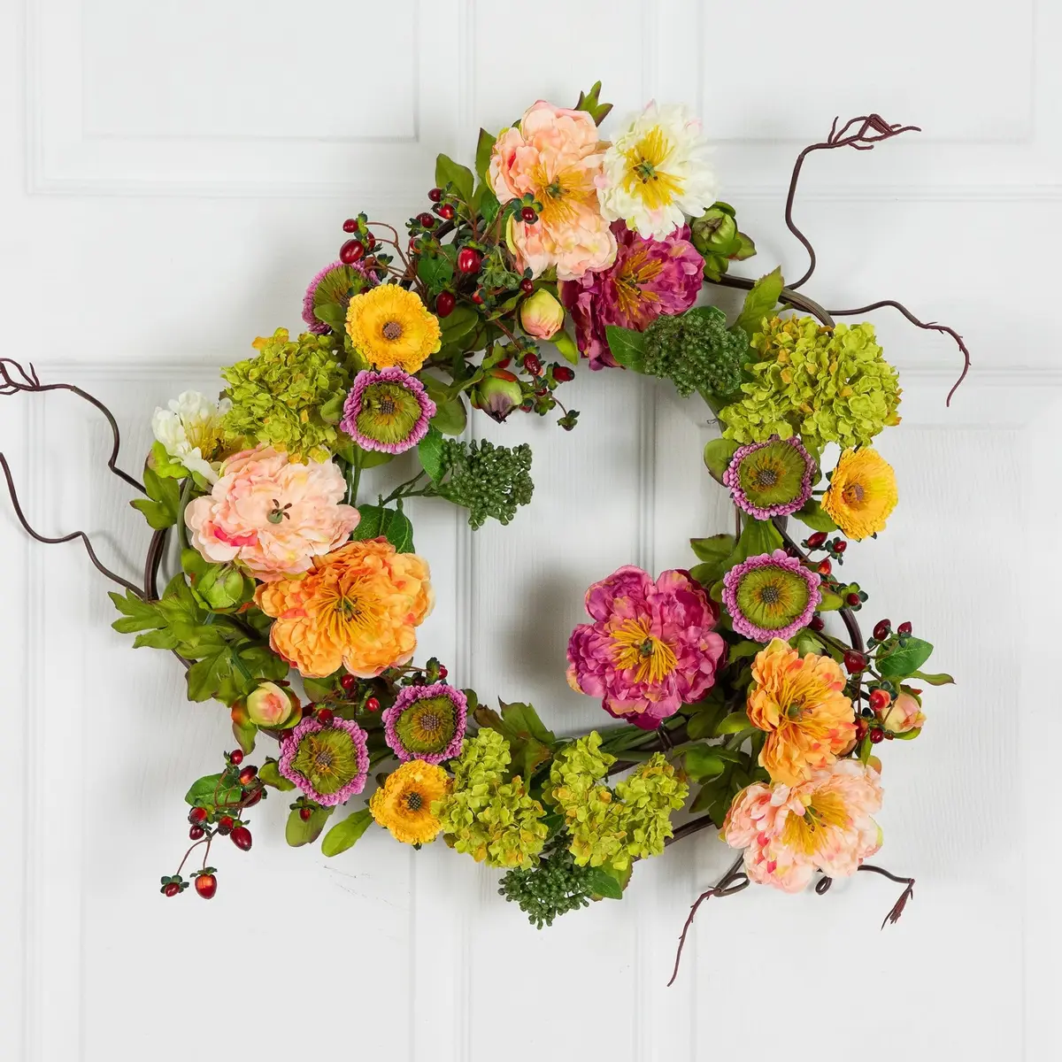 Nearly Natural 24 in Artificial Peony Wreath for Front Door Decor | Spring & Year-Round Elegance - view 3