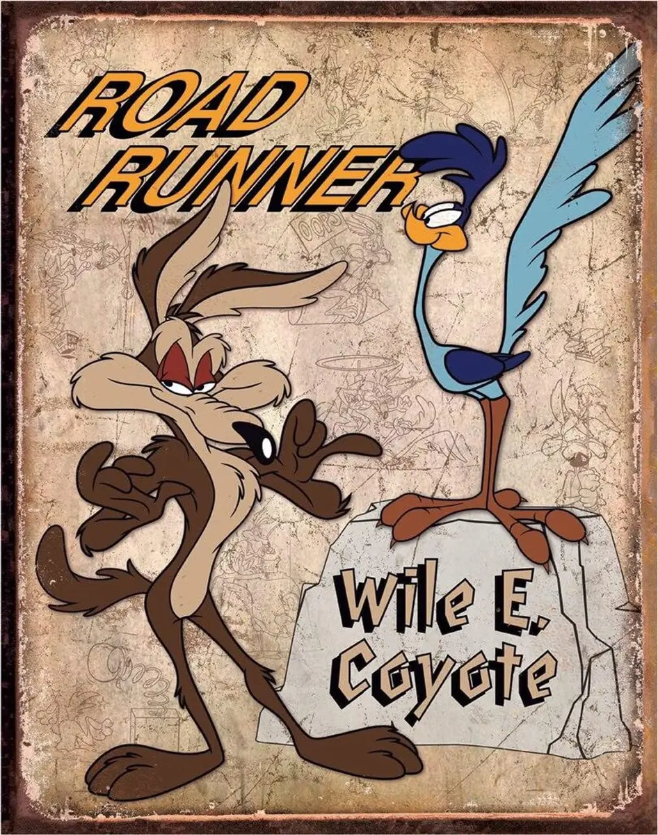 Desperate Enterprises Road Runner & Wile E Coyote Tin Sign - Vintage Metal Wall Decor - Made in USA - main product image