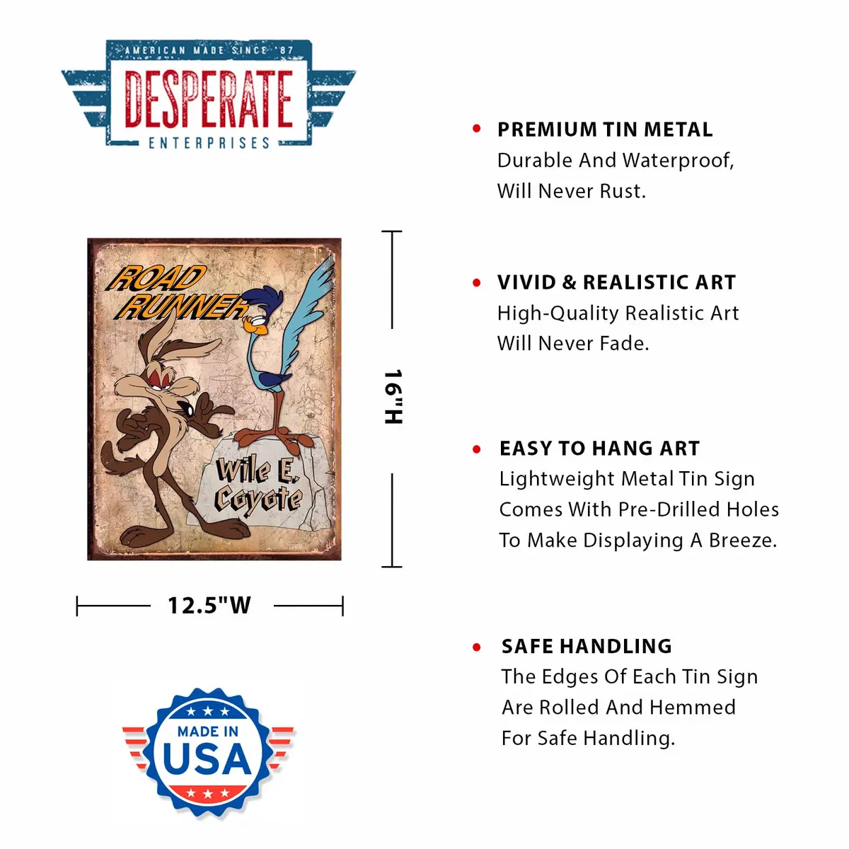 Desperate Enterprises Road Runner & Wile E Coyote Tin Sign - Vintage Metal Wall Decor - Made in USA - view 2