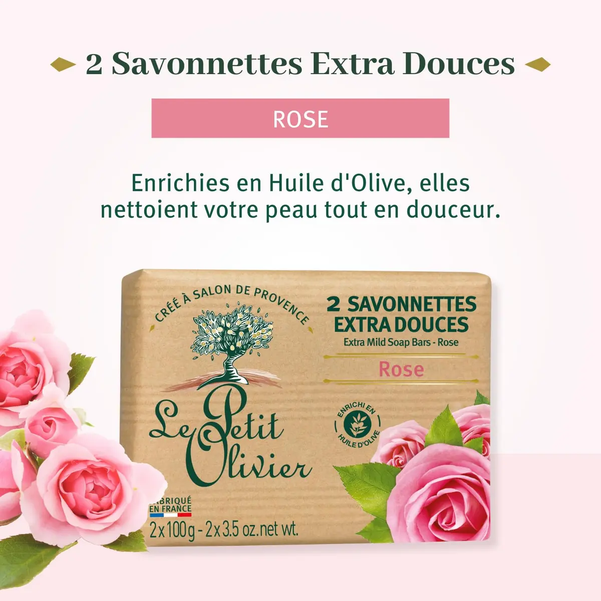 Le Petit Olivier Extra Mild Rose Soap Bars 2 x 3.5 oz | Enriched with Olive Oil & Natural Extracts - view 2