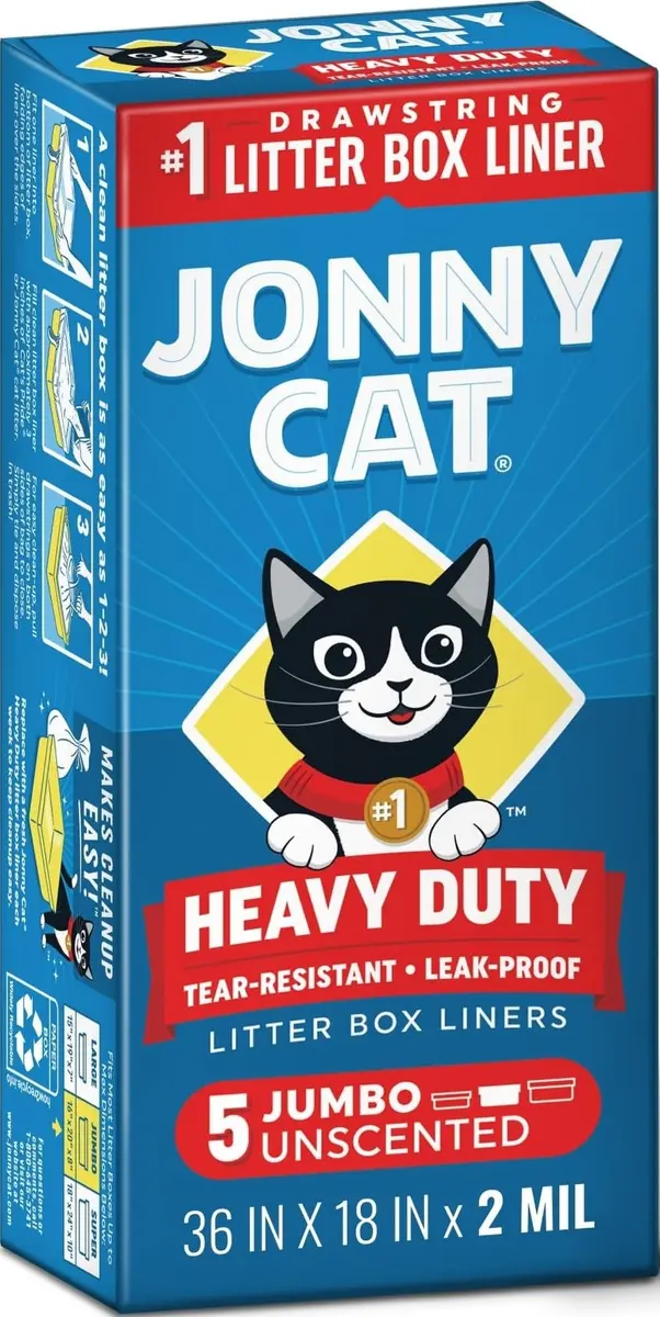 Jonny Cat Heavy Duty Jumbo Litter Box Liners 5 Count (36in x 18in) | Tear & Leak Resistant Drawstring Bags - main product image