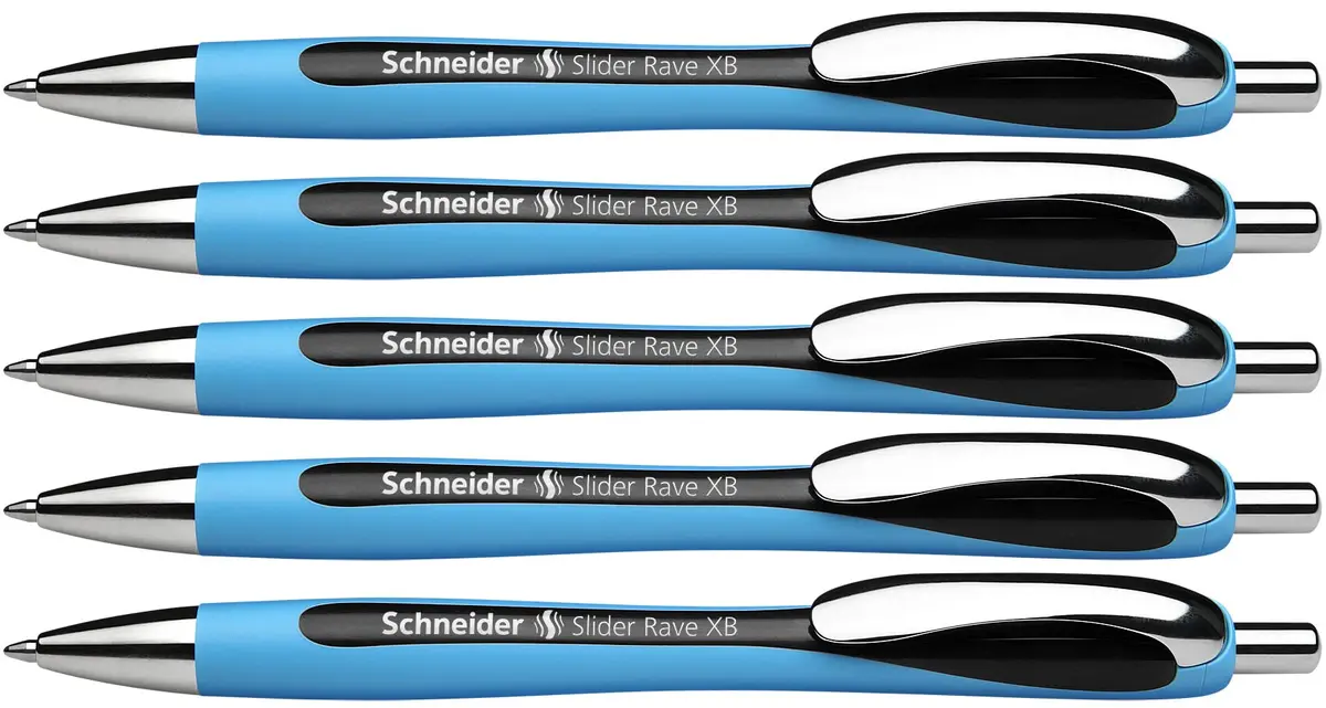 Schneider Slider Rave XB Ballpoint Pen, 1.4mm Extra Broad, Light Blue Barrel, Black Ink, Box of 5 Pens | Smooth Viscoglide Ink - main product image