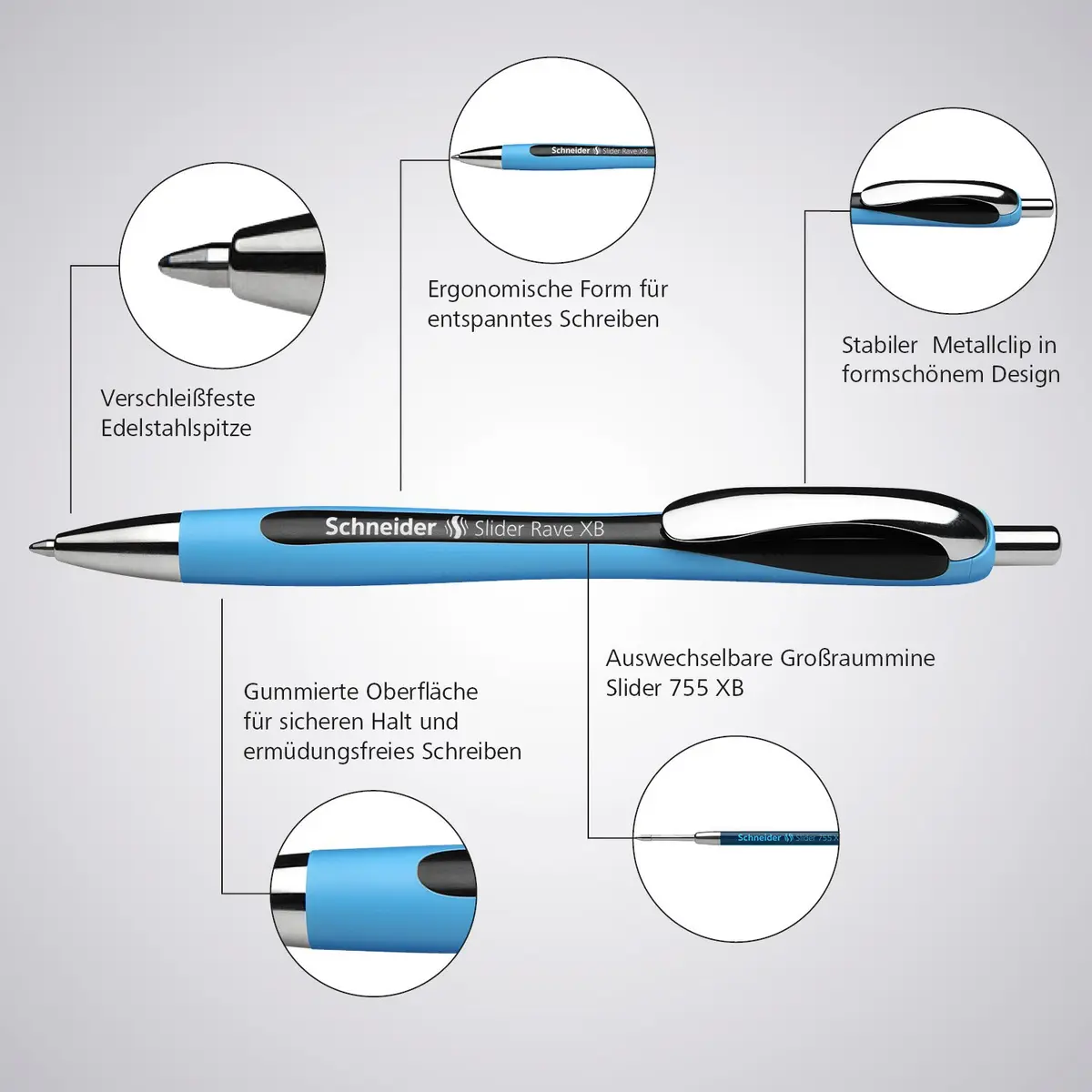 Schneider Slider Rave XB Ballpoint Pens, 1.4mm Extra Broad, Blue Ink, 5-Pack | Smooth Writing Instrument for Office & Students - view 8