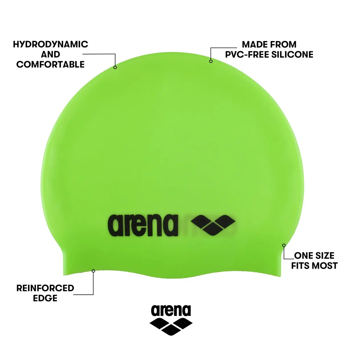 Arena Classic Unisex Silicone Swim Cap for Women and Men, Acid Lime/Silver | Hydrodynamic, Durable & Comfortable (70-120 chars) - view 2