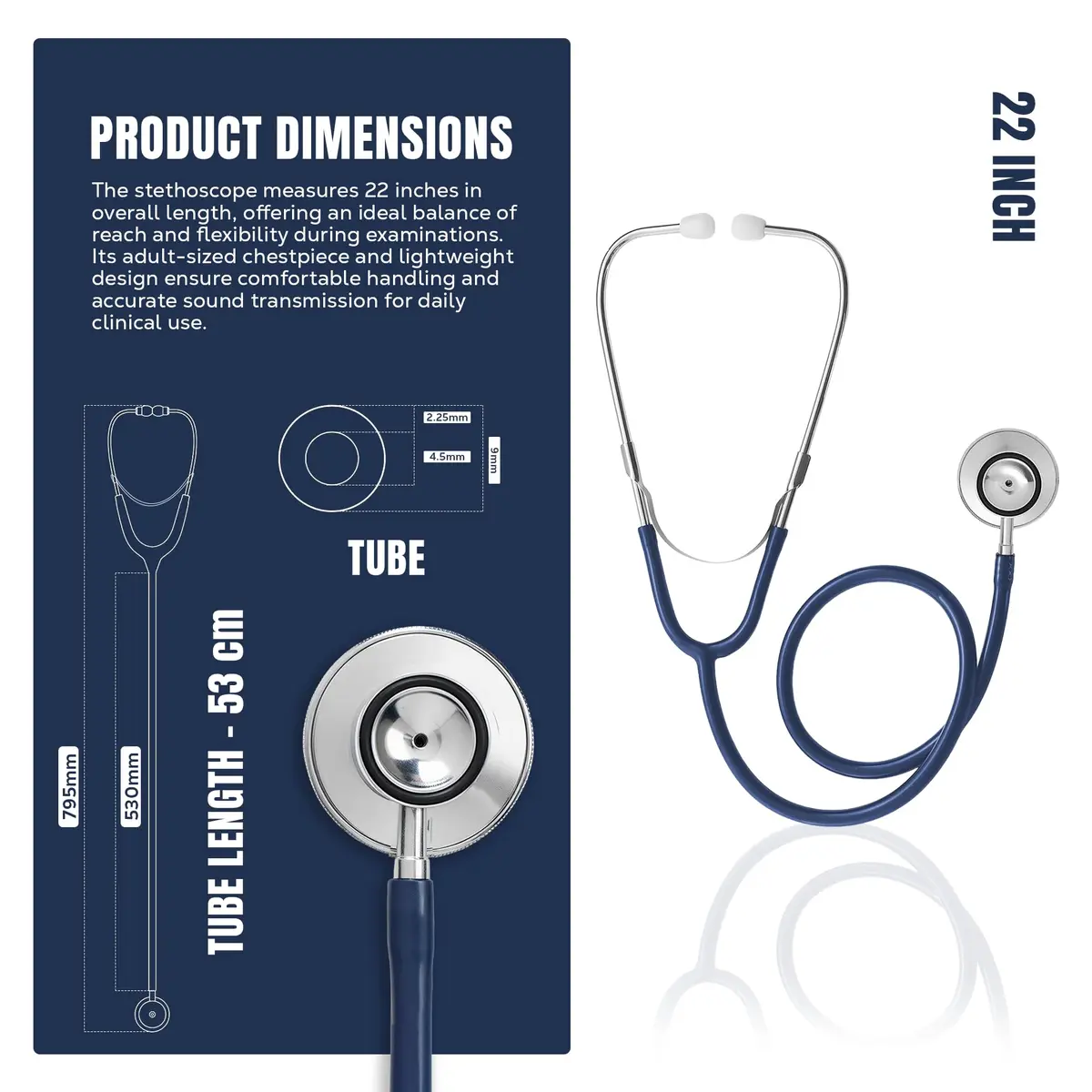 Primacare Adult Size 22 Inch Stethoscope Blue | Lightweight Aluminum Dual Head for Diagnostics - view 4