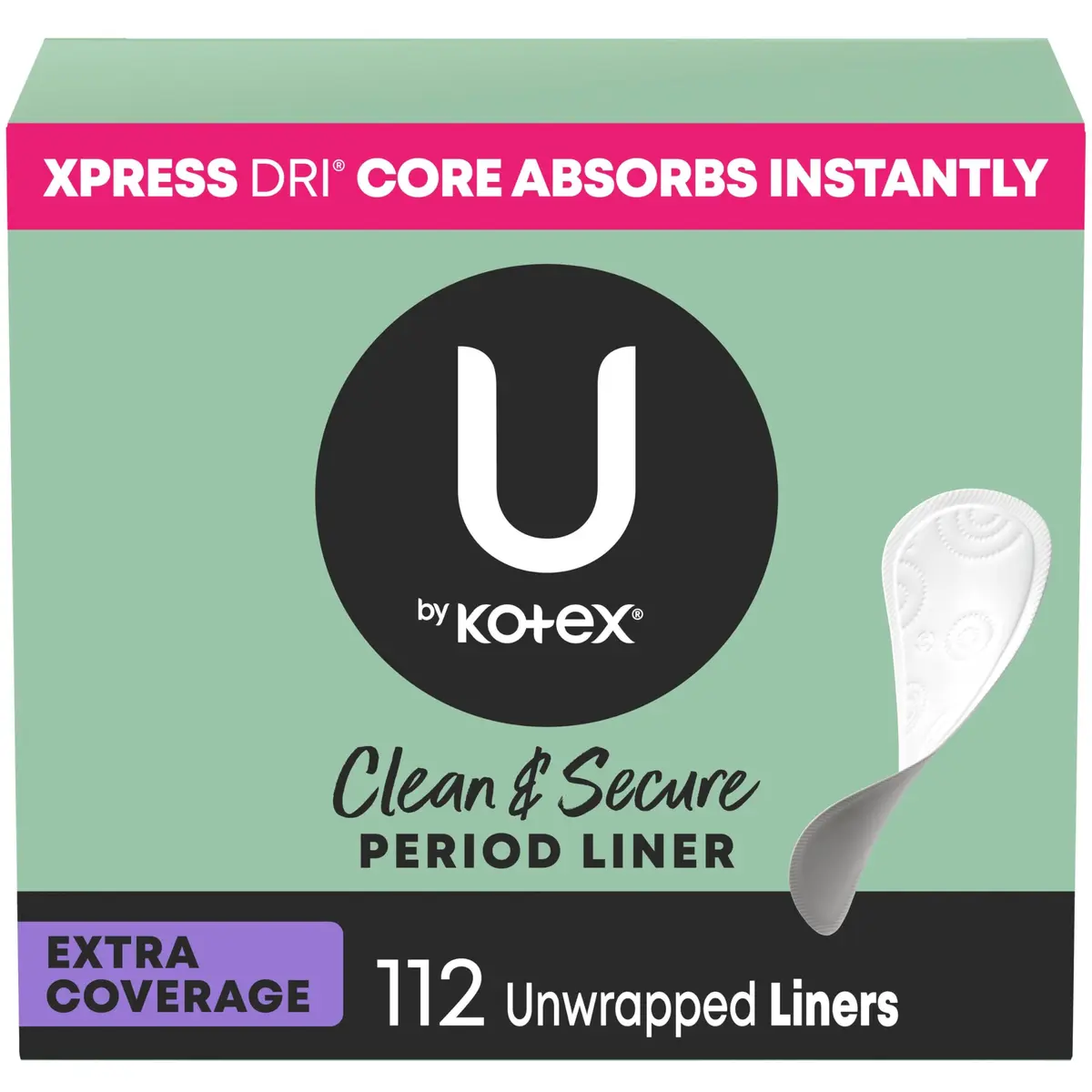 U by Kotex Clean & Secure Panty Liners, Extra Coverage, 112 Count | Hypoallergenic & Dermatologist-Tested - main product image