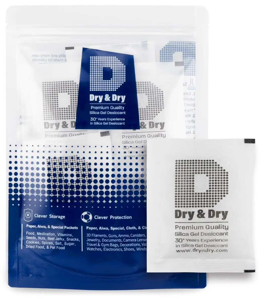 Dry & Dry 20 Gram Silica Gel Packets (5-Pack, White) | Rechargeable Moisture Absorbers for Food Storage, Electronics, 3D Filament & Safes - main product image