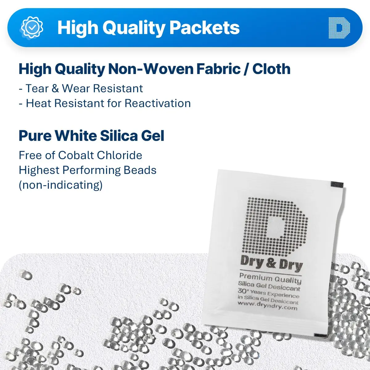 Dry & Dry 20 Gram Silica Gel Packets (5-Pack, White) | Rechargeable Moisture Absorbers for Food Storage, Electronics, 3D Filament & Safes - view 2