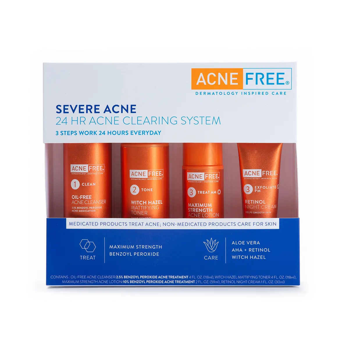 AcneFree Severe Acne 24 Hour Clearing System for stubborn acne | 4 Step Routine Kit with Benzoyl Peroxide & Retinol - main product image