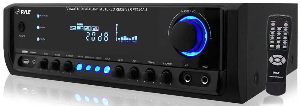 Pyle 300W 4-Channel Home Audio Power Amplifier | Stereo Receiver with USB, RCA, AUX, Mic Inputs, Echo, LED, EQ, Digital Display, Remote - main product image