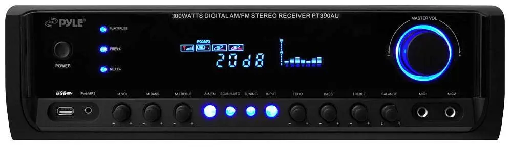 Pyle 300W 4-Channel Home Audio Power Amplifier | Stereo Receiver with USB, RCA, AUX, Mic Inputs, Echo, LED, EQ, Digital Display, Remote - view 2