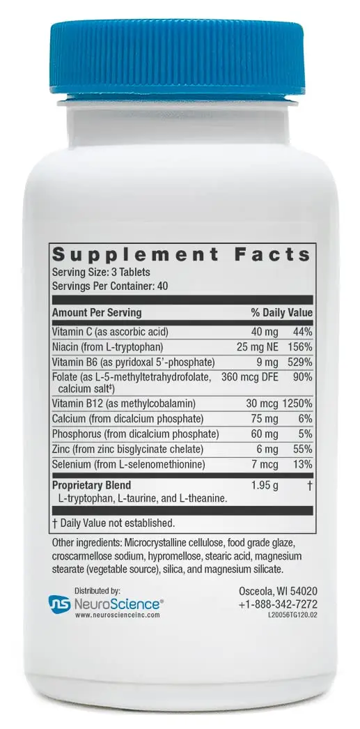 NeuroScience TravaGen Emotional Support & Stress Relief Supplement, 120 ct | Mood & Sleep Support with L-Tryptophan & B12 - view 6