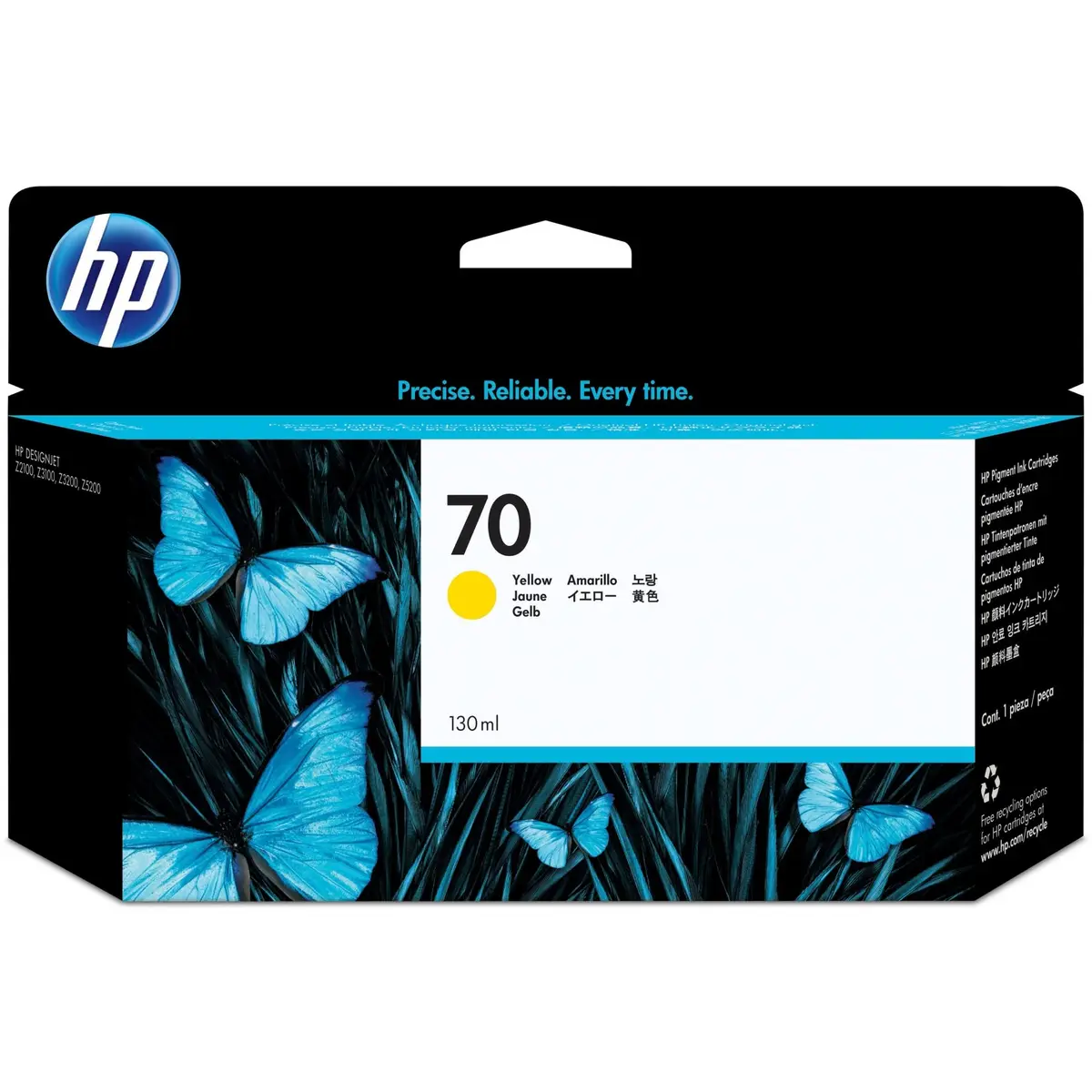 HP 70 Yellow 130-ml Genuine Ink Cartridge for DesignJet Z5400, Z5200, Z3200, Z3100 & Z2100 Large Format Printers - main product image