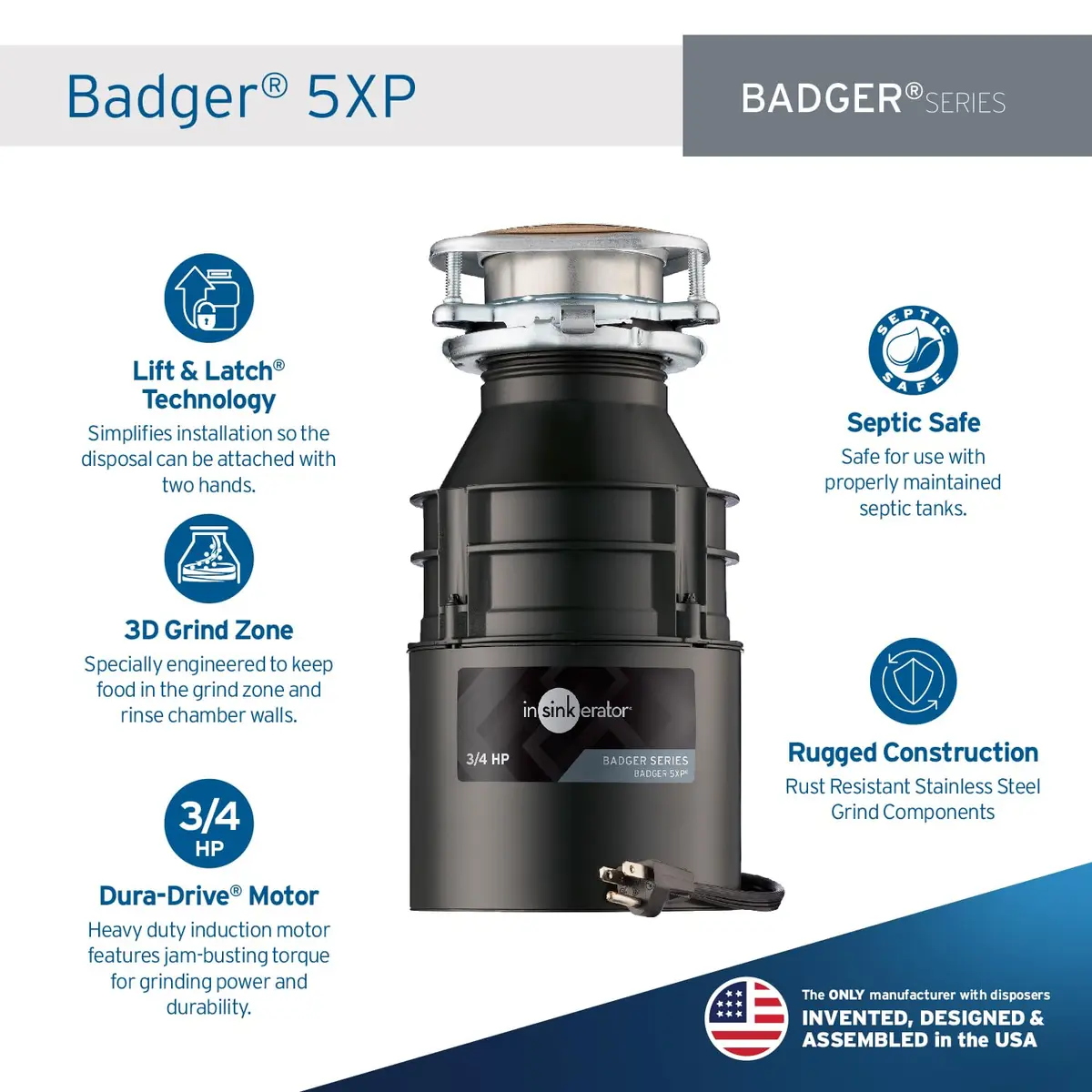 InSinkErator Badger 5XP Garbage Disposal with Power Cord, Badger Series 3/4 HP Continuous Feed Food Waste Disposer - view 2
