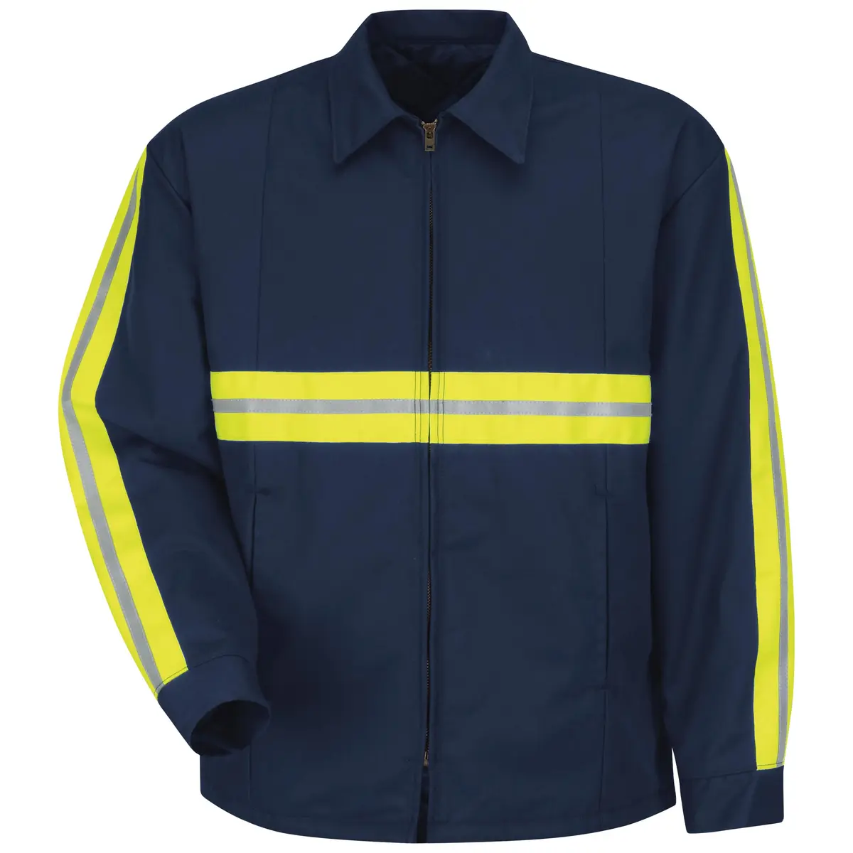Red Kap Men's Enhanced Visibility Perma-Lined Panel Jacket, Large | Navy with Yellow/Green Trim, Regular Fit - main product image