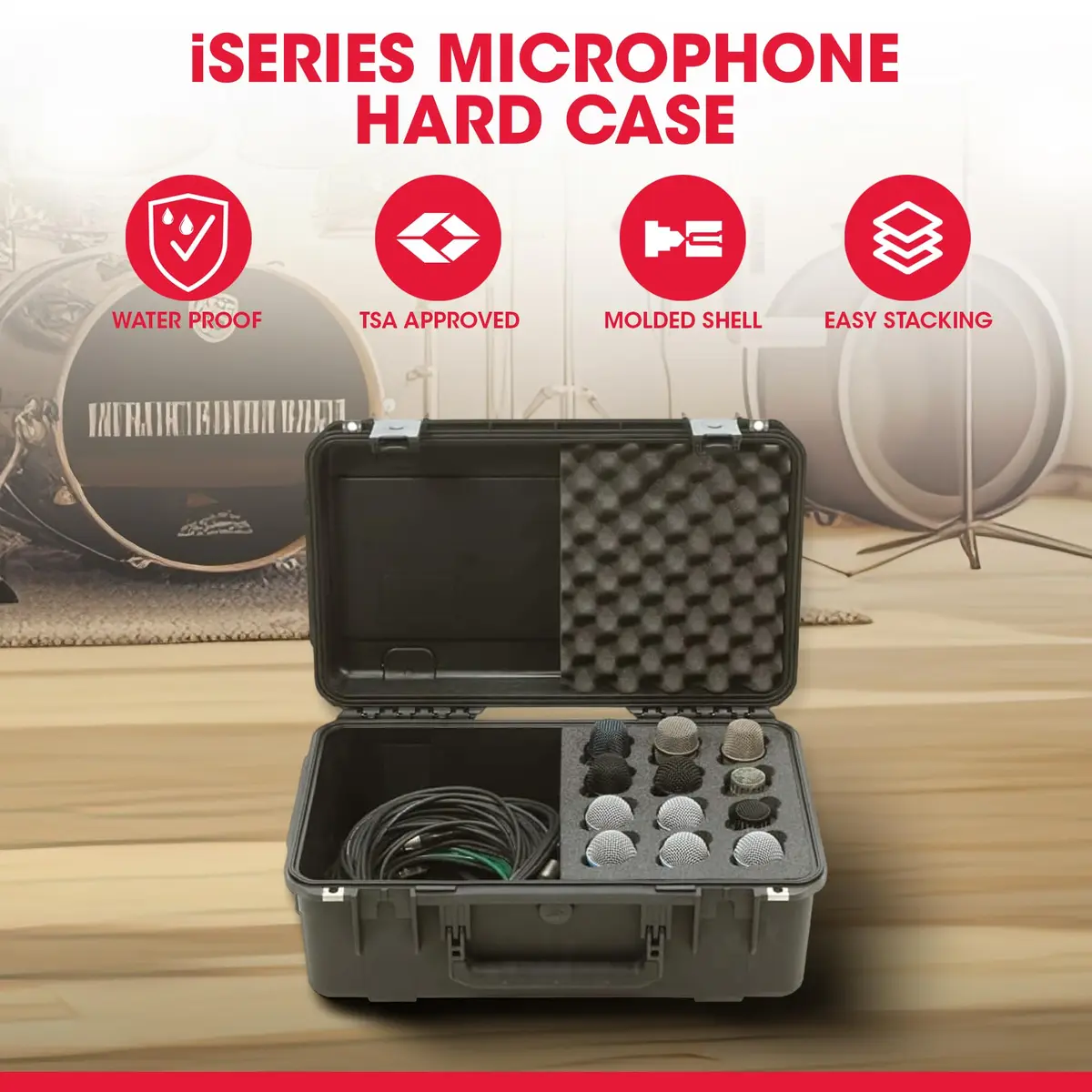 SKB iSeries Injection Molded Microphone Case for 12 Mics with Storage Compartment | Waterproof, Durable, Professional Audio Gear Protection - view 3