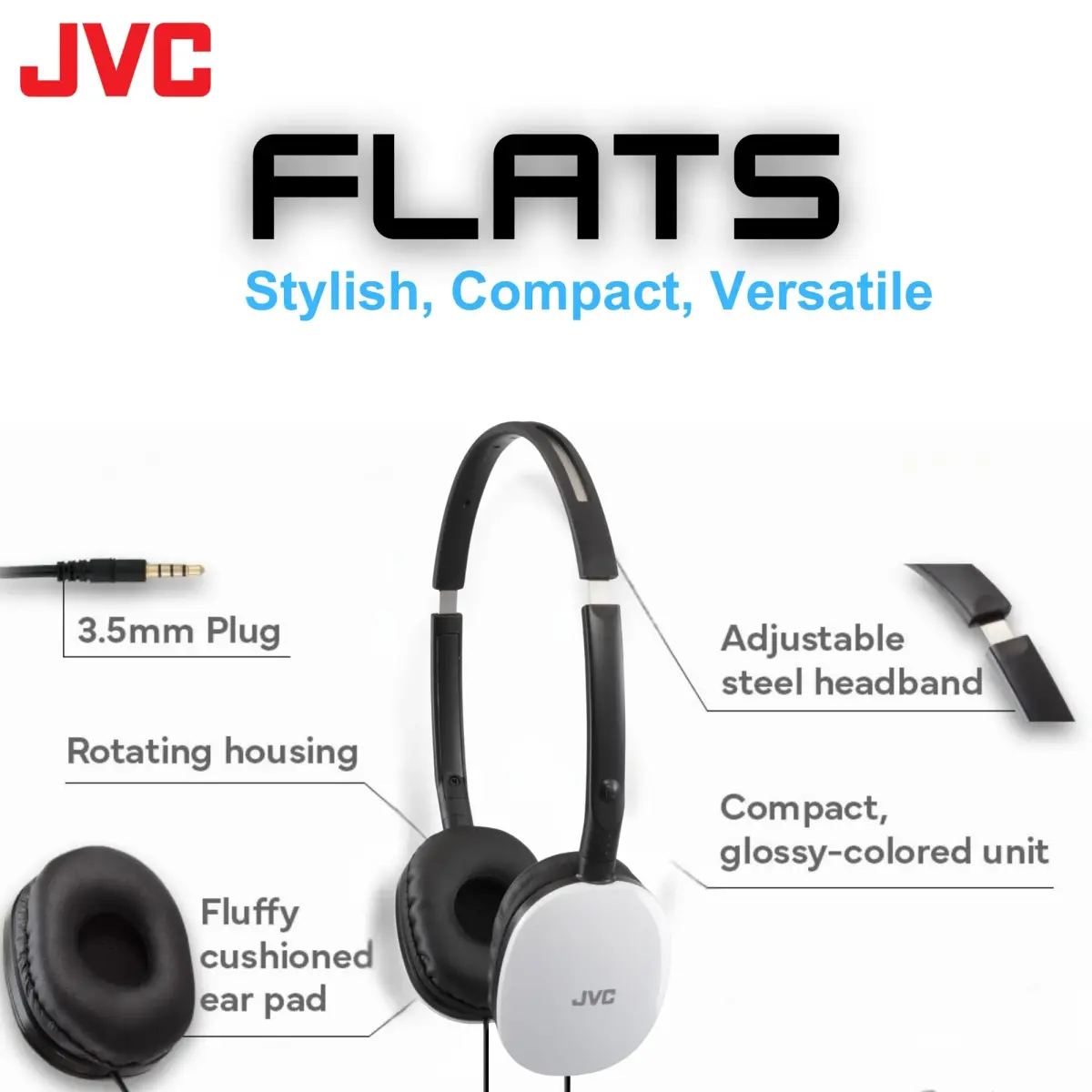 JVC Flats On-Ear Wired Headphones White | 30mm Driver, Foldable Design, 3.5mm Jack - view 2