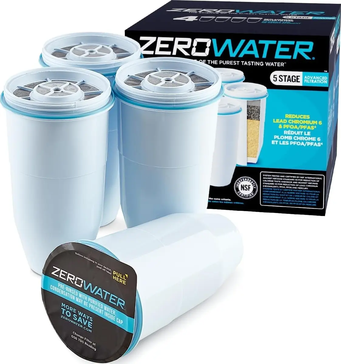 ZeroWater Replacement Water Filter 5-Stage 56.8L (15 Gallon) 4-Pack | IAPMO Certified to Reduce Lead, PFOA/PFOS, Chromium, Mercury - main product image