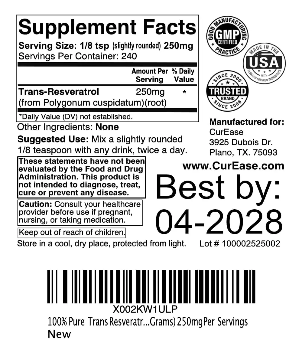 CurEase 100% Pure Trans Resveratrol Powder 60g (2.1 oz) | 250mg Per Serving, 240 Servings - view 3