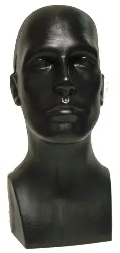 only mannequins 15" Tall Male Mannequin Head Durable Plastic Black | Full Front & Sides Display (120 chars) - main product image