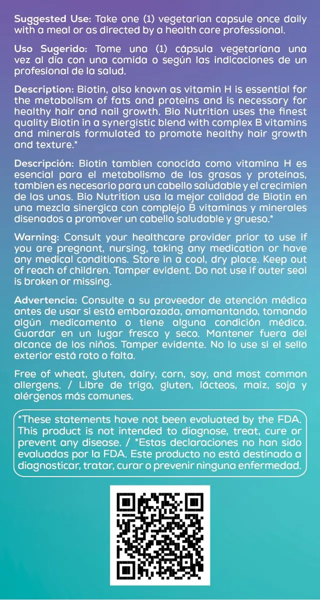 Bio Nutrition Healthy Hair Biotin Vegi-Caps 60 Count | Supports Hair & Nail Growth, Made in USA - view 4