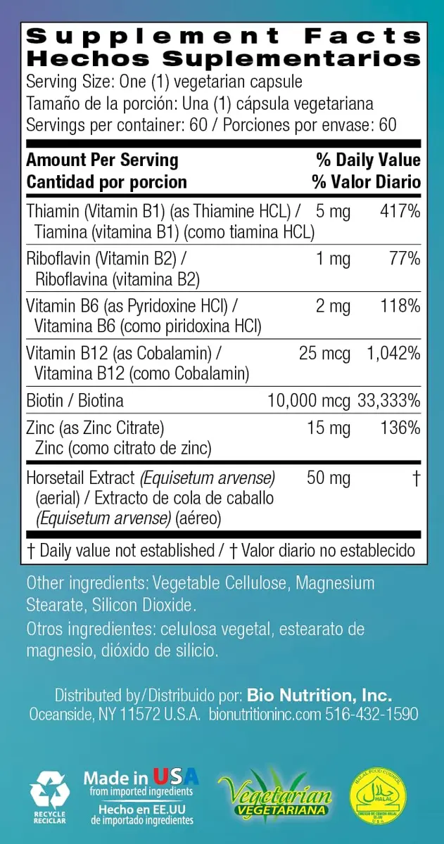 Bio Nutrition Healthy Hair Biotin Vegi-Caps 60 Count | Supports Hair & Nail Growth, Made in USA - view 7