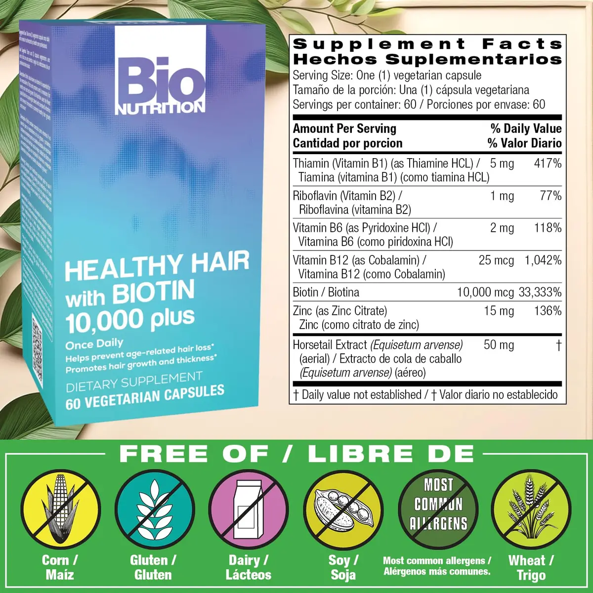 Bio Nutrition Healthy Hair Biotin Vegi-Caps 60 Count | Supports Hair & Nail Growth, Made in USA - view 2