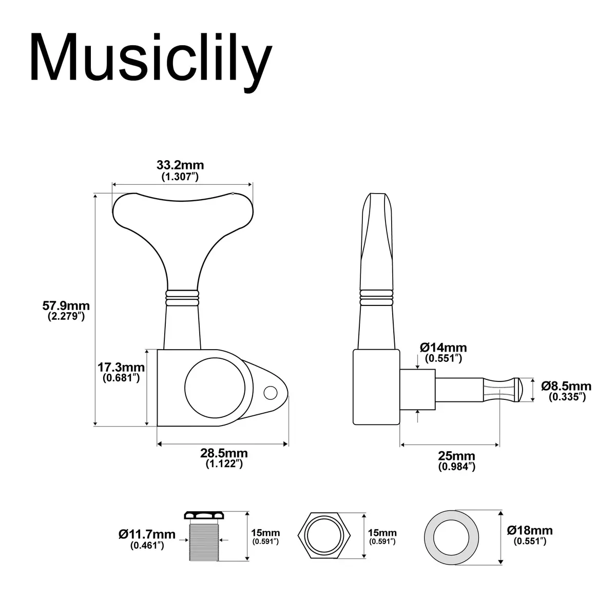 Musiclily Basic 3L3R 19:1 Ratio Bass Machine Heads Tuning Pegs Keys Black - view 2
