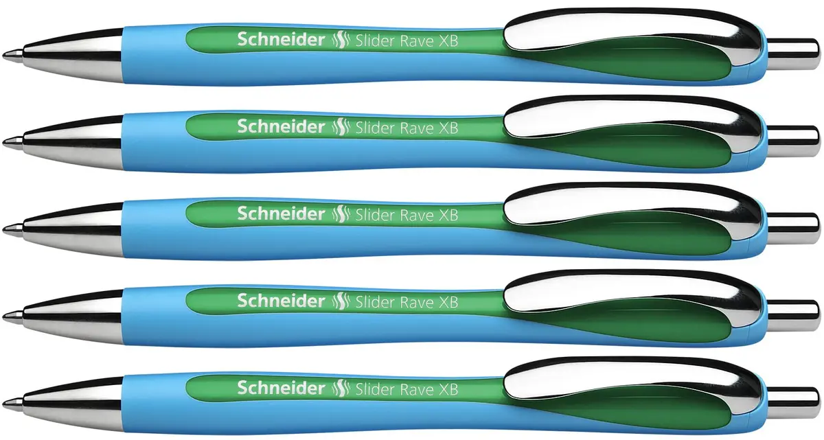 Schneider Slider Rave XB Ballpoint Pen, 1.4mm, Green Ink, 5-Pack | Smooth Writing with Viscoglide Technology - main product image