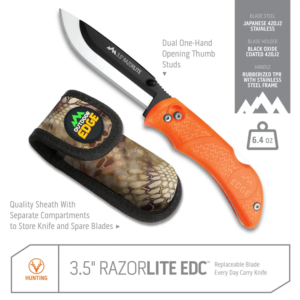 OUTDOOR EDGE Razor-Lite Folding Hunting Knife – 3.5" Replaceable Blades | Non-Slip Rubber Handle - view 2