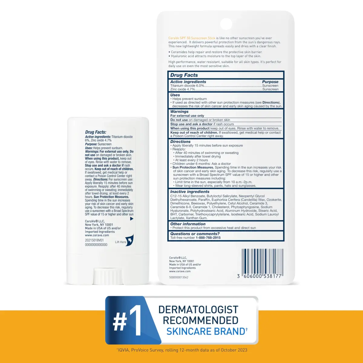 CeraVe Mineral Sunscreen Stick SPF 50, Broad Spectrum UVA/UVB Protection | 13.87ml (0.47 Fl Oz) - view 6