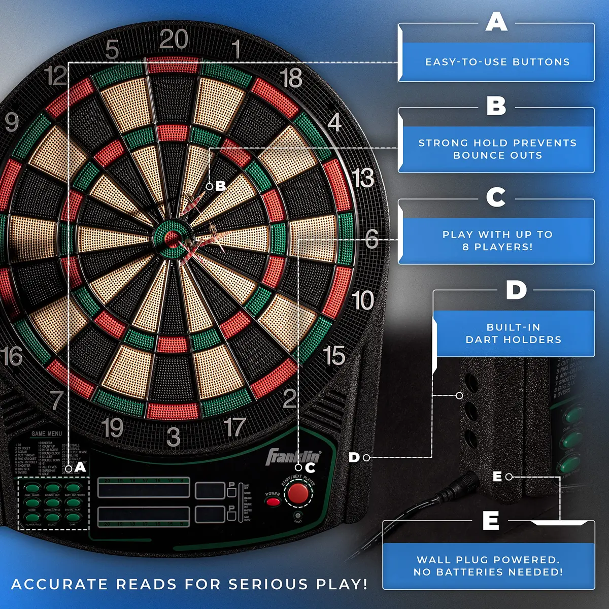 Franklin Sports FS6000 Electronic Dartboard 15" | 28 Games, Soft Tip for Kids & Adults - view 7