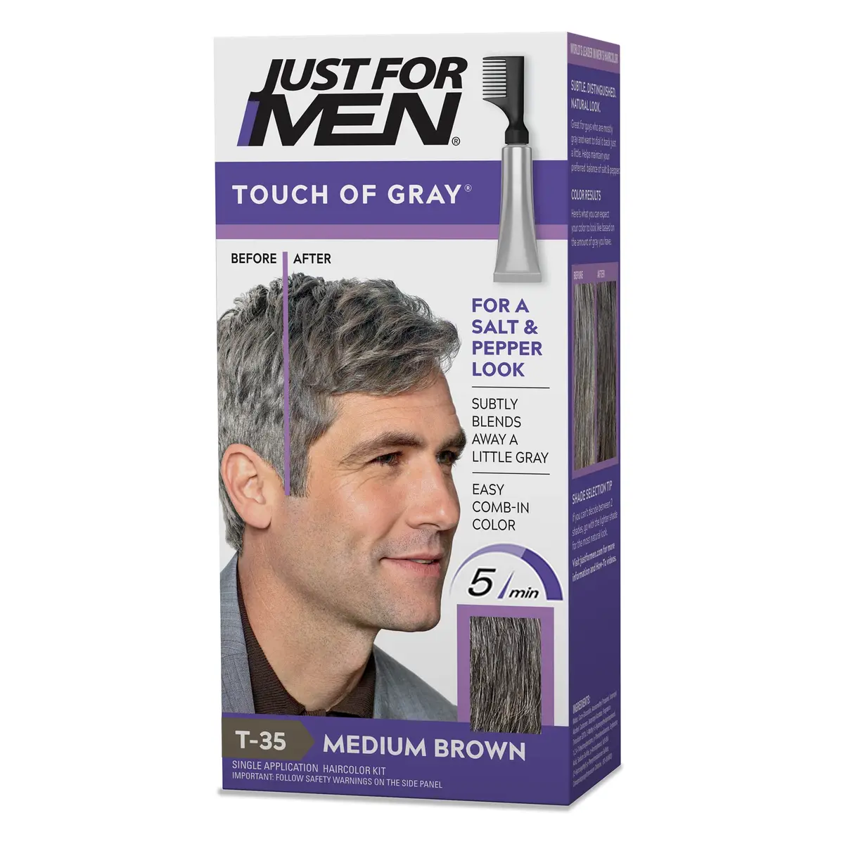 Just for Men Touch of Gray Hair Color, Medium Brown T-35 (1 Pack) | Subtle Gray Blending for Salt & Pepper Look - main product image
