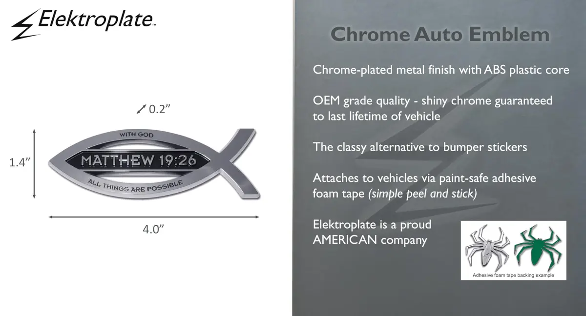 Elektroplate Matthew 19:26 Bible Verse Christian Fish Symbol Chrome Emblem 10.16cm x 3.56cm x 0.51cm | Universal Fit for Cars, SUVs & Trucks - view 3
