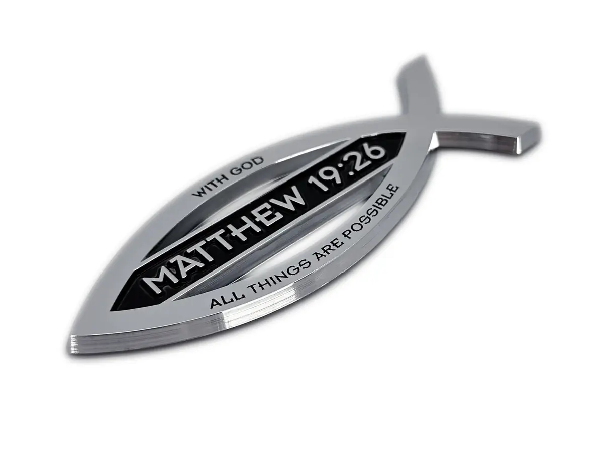 Elektroplate Matthew 19:26 Bible Verse Christian Fish Symbol Chrome Emblem 10.16cm x 3.56cm x 0.51cm | Universal Fit for Cars, SUVs & Trucks - view 4