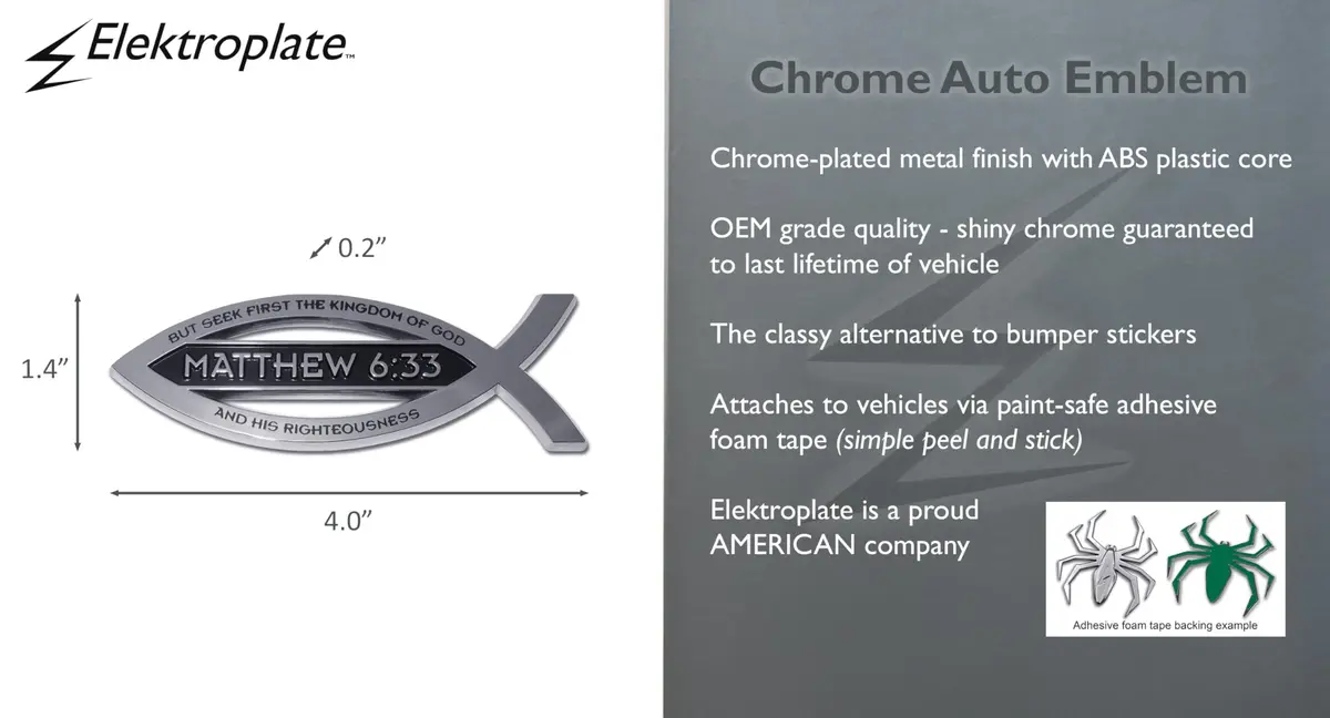 Elektroplate Matthew 6:33 Bible Verse Christian Fish Symbol Chrome Emblem 10.2cm (4") | Premium Chrome Plated Auto Emblem - view 3