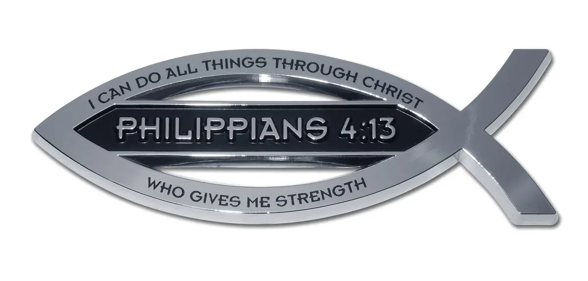 Elektroplate Philippians 4:13 Bible Verse Fish Symbol Chrome Emblem 11.2cm (4.4" L x 1.4" W x 0.2" H) | Christian Faith Auto Emblem - main product image