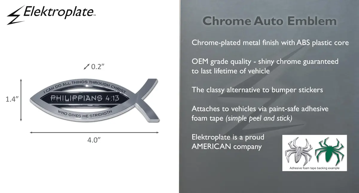 Elektroplate Philippians 4:13 Bible Verse Fish Symbol Chrome Emblem 11.2cm (4.4" L x 1.4" W x 0.2" H) | Christian Faith Auto Emblem - view 3