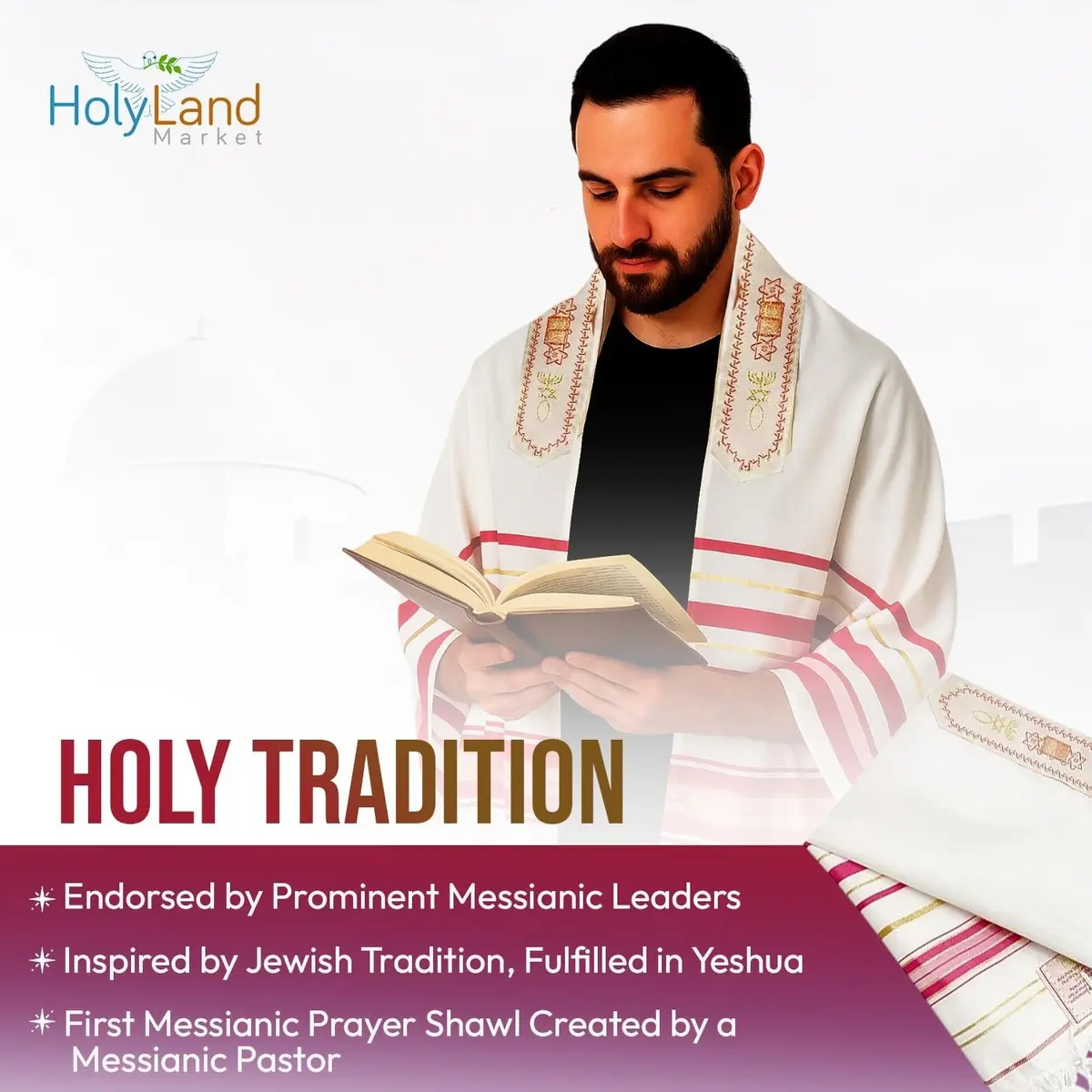 Holy Land Market Women's Messianic Tallit Prayer Shawl Pink Small 178 cm x 56 cm | Authentic Christian Prayer Shawl from Israel - view 4
