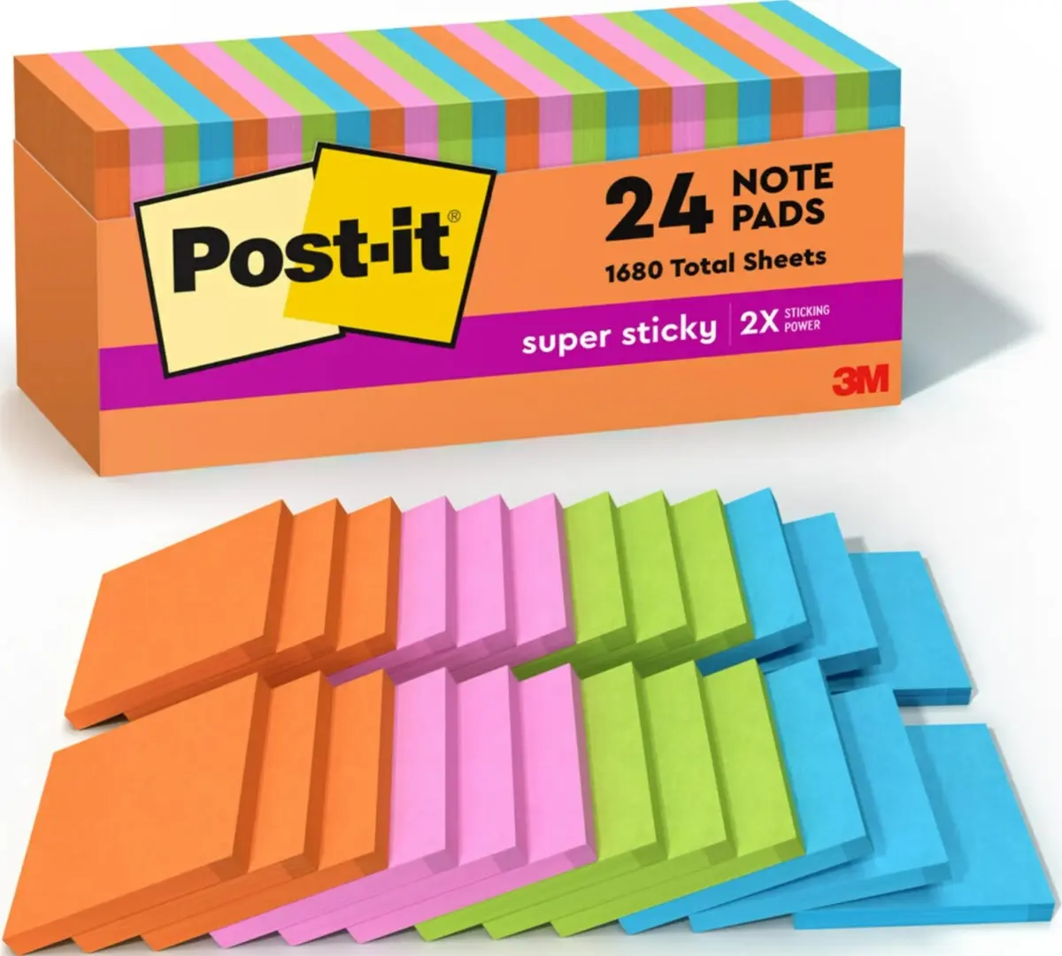 Post-it Super Sticky Notes 3 x 3 in Neon Fizz 24 Pads (70 Sheets/Pad) | 2X Sticking Power - main product image
